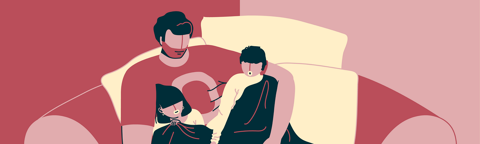 Digital art by Supriya Bhonsle of a dad reading to two young kids, snuggled on a couch with a blanket