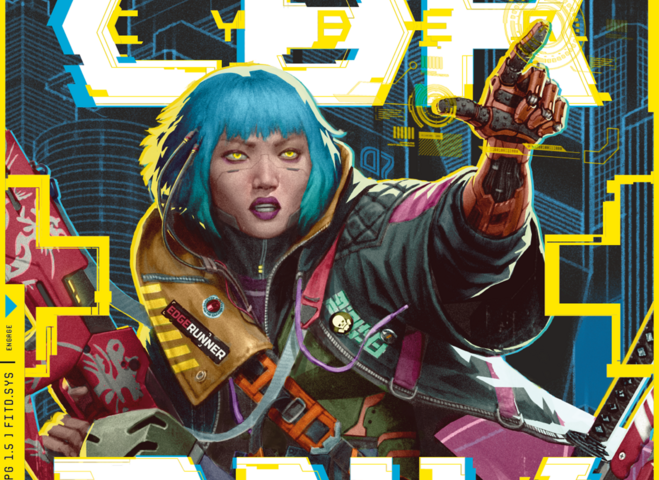 Wrapper art for CBR+PNK (Cyberpunk). An Asian woman with yellow cyber eyes and blue-green hair points off-page with a cybernetic hand. She holds a pink and white rifle in the other arm. She wears a grey heavy jackets with pink and blue-green accents. The CBR+PNK logo frames her above and below.