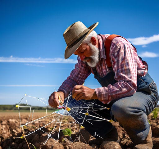 A farmer using a protractor to study a spider web