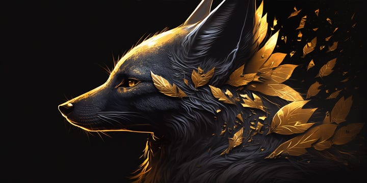 A black fox bathed in gold light with golden leaves.