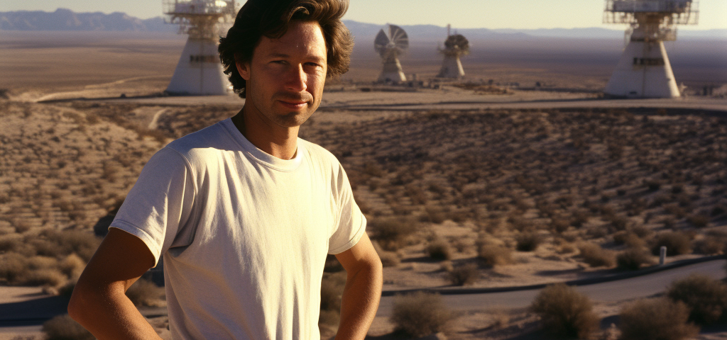 **A 35-year-old man, about 6 feet tall, brown hair, brown eyes, viewed from an angle toward his right, stands on a bluff overlooking the vast Mojave Desert laid out before him. Behind him are two large radio telescopes, set some distance apart, and a series of small one-story buildings.