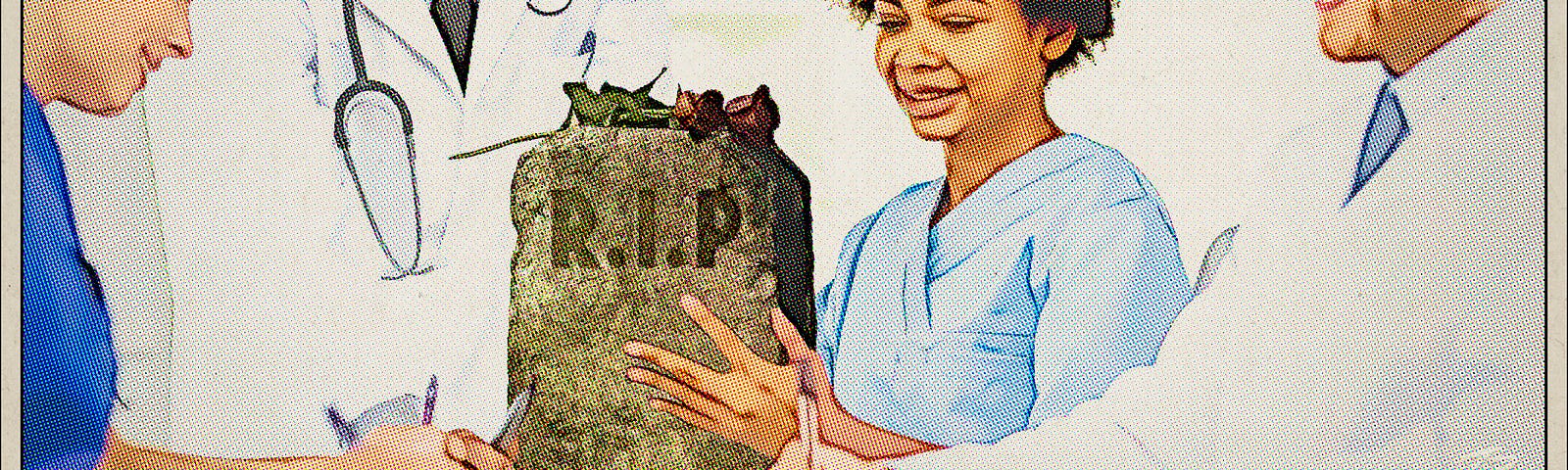 Doctor’s discuss patient tombstone