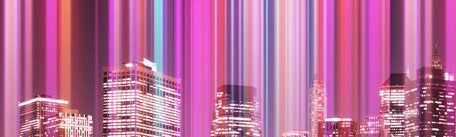 Creative picture of colorful lights emerging from Manhattan city skyscrapers at night.