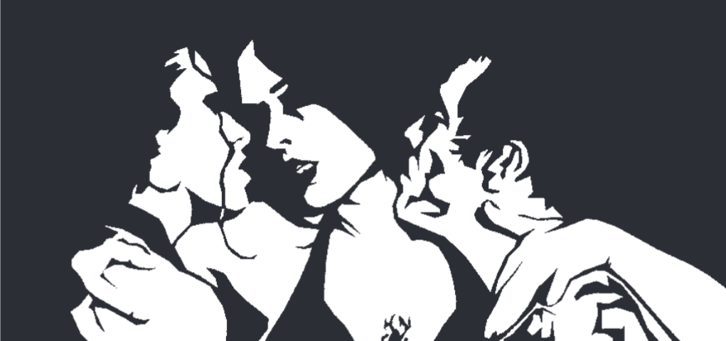 A white-on-black illustration of three people from the waste up, two women and a man, engaging in foreplay. Both women are wear black bras. The woman in the center has a spider tattoo in her cleavage. The man, on her right, has tribal tattoos on his left shoulder and back, and left side of his jaw.