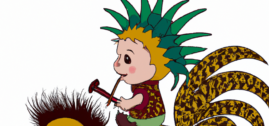 half-hedgehog half-boy riding on a rooster and playing the bagpipes