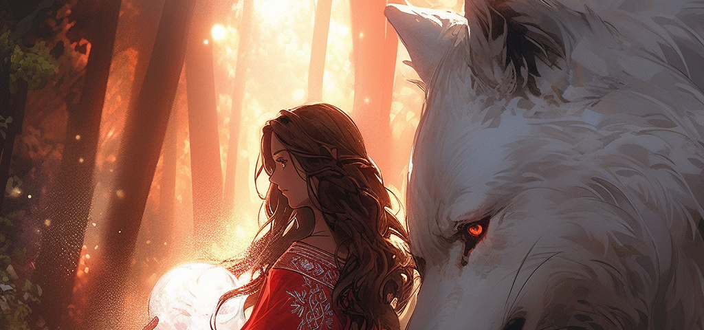 A young woman in a long red robe holding a glowing orb stands in the forest with a large white direwolf standing behind her with glowing red eyes.