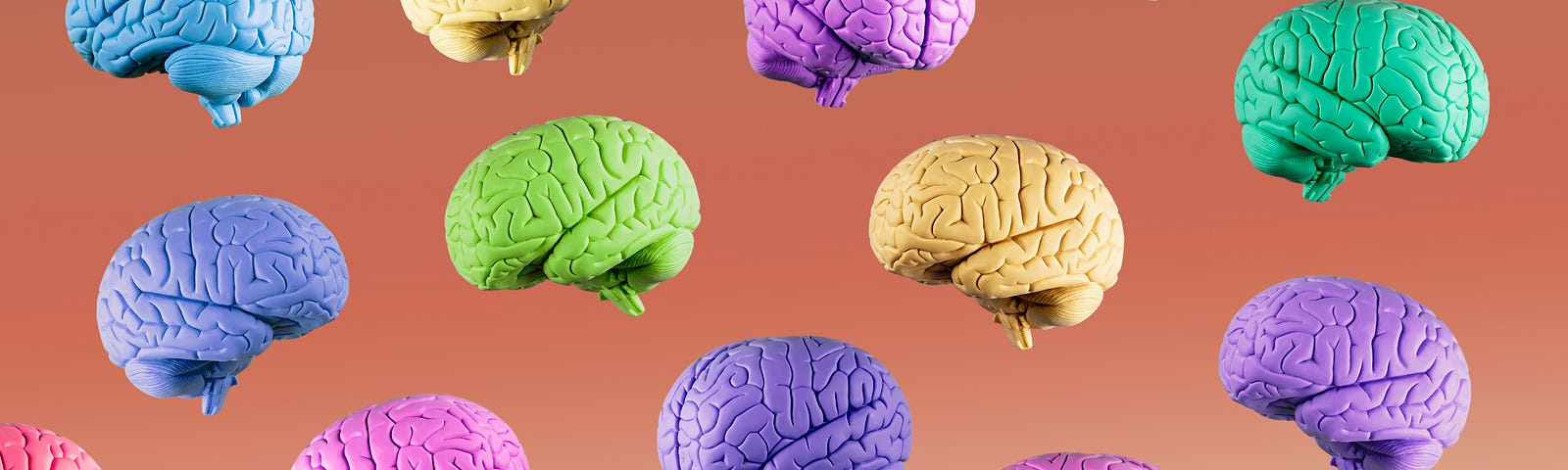 Multicolored blue, green, yellow, purple, and orange human brains floating mid air on a gradient brown background.