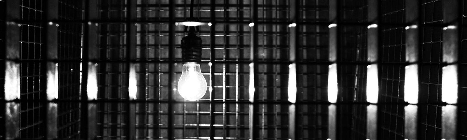 A black and white photo of a light bulb in a cell.