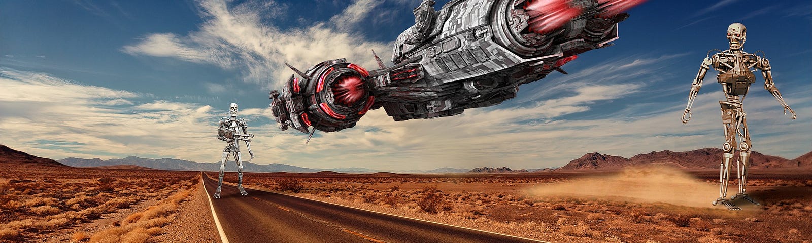 image of an alien ship hovering over a prairie road with two large robots walking nearby