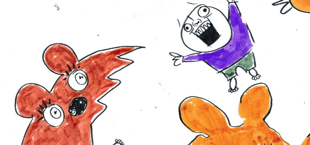 Whimsical illustration of two children getting eaten by colorful monsters.