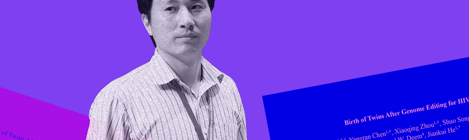 He Jiankui with pages from the paper superimposed on him.