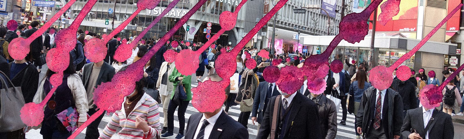 A photo of Shibuya crossing with faces blotted out with ink.
