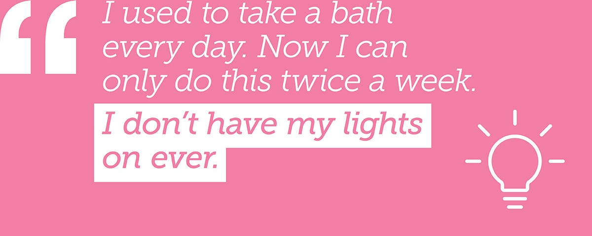 Pink graphic featuring an illustration of a glowing lightbulb. An anonymous quote reads: I used to take a bath every day. Now I can only do this twice a week. I don’t have my lights on ever.