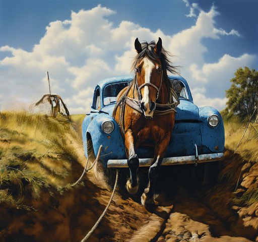 A horse pulling a car out of a ditch