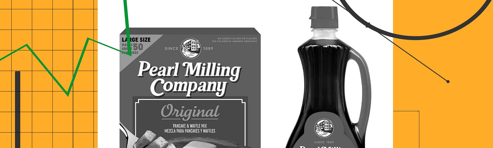 A photo illustration with different line textures around a box of Pearl Milling Company pancake mix and a bottle of its syrup.