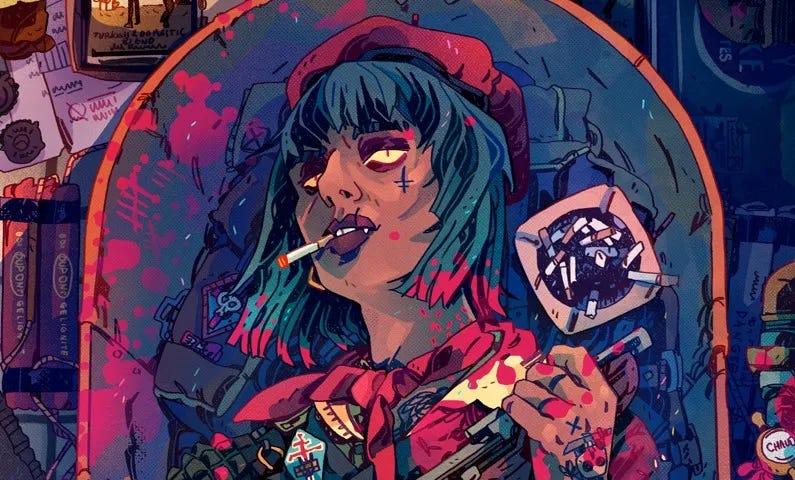 A portrait of a vampire commando laying in an open coffin, looking up. Black bob haircut. Dark skinned. Yellow eyes with tiny pupils. Red beret. Green jacket. Red kerchief. An ashtray FULL of half-smoked cigarettes is next to her head. She holds a saw-off double-barrel shotgun and is splattered in blood. Two grenades are clipped to her jacket. Skull tattoo on her hand and an occult cross on her cheek.