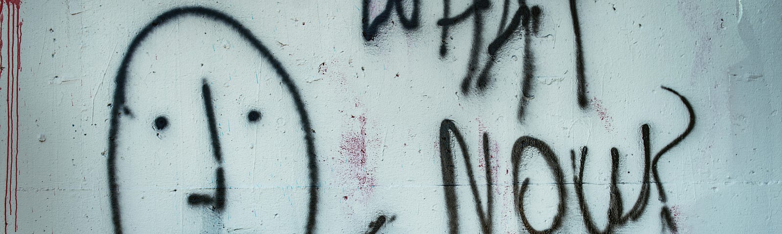 Black, spray-painted graffito on plain, white wall. It is a plain face with two dots for eyes, a nose between them, and a straight line for a mouth. Beside it, to the left, is a line and the words WHAT NOW? in all capital letters.