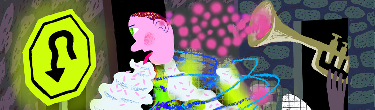 Messy illustration of a person licking a multi-tiered cake, looking at a U-turn sign, and hearing pink spots from a trumpet.