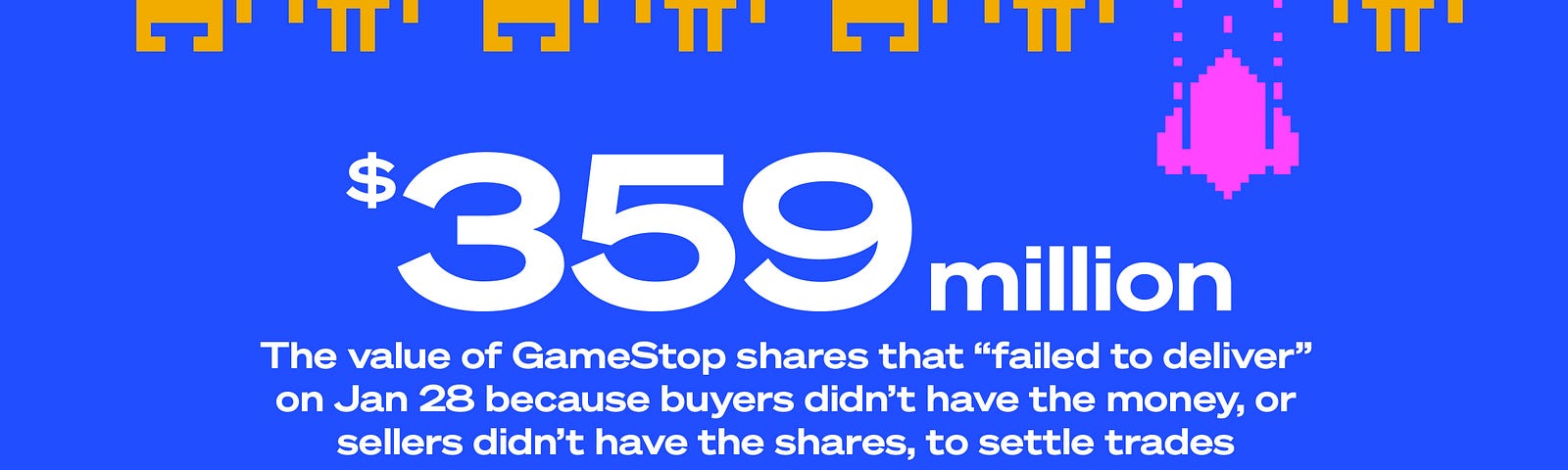 Number Crunch logo next to 8-bit styled Space Invaders-like aliens with the text “$359 million: The value of GameStop shares that “failed to deliver” on Jan 28 because buyers didn’t have the money, or sellers didn’t have the shares, to settle trades. Source: Bloomberg”