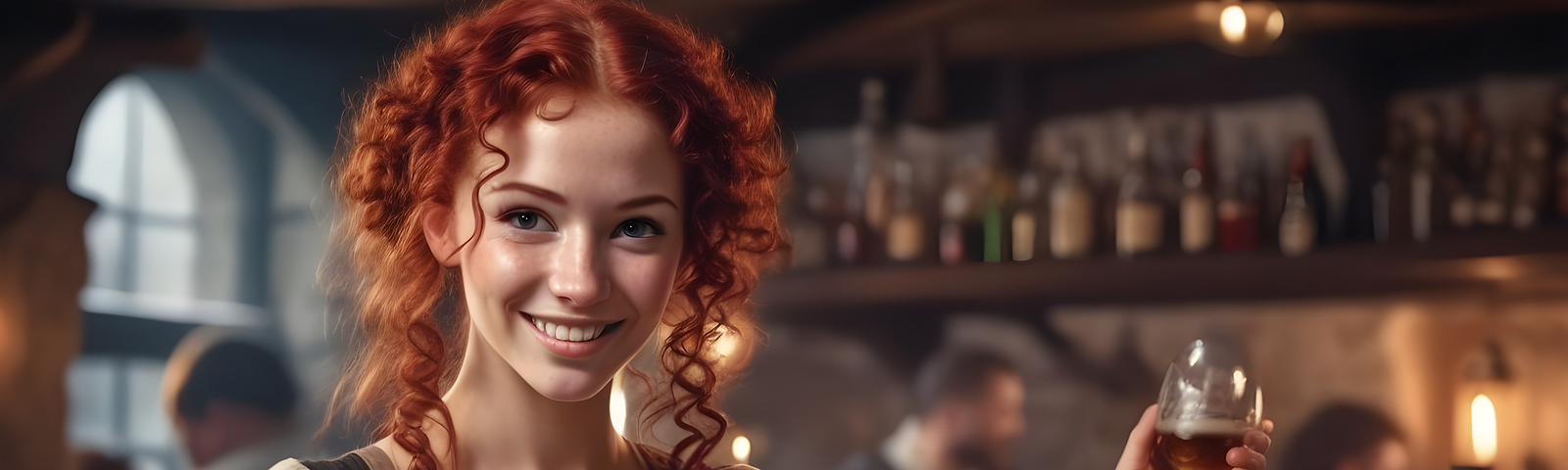 A barmaid with red curly hair