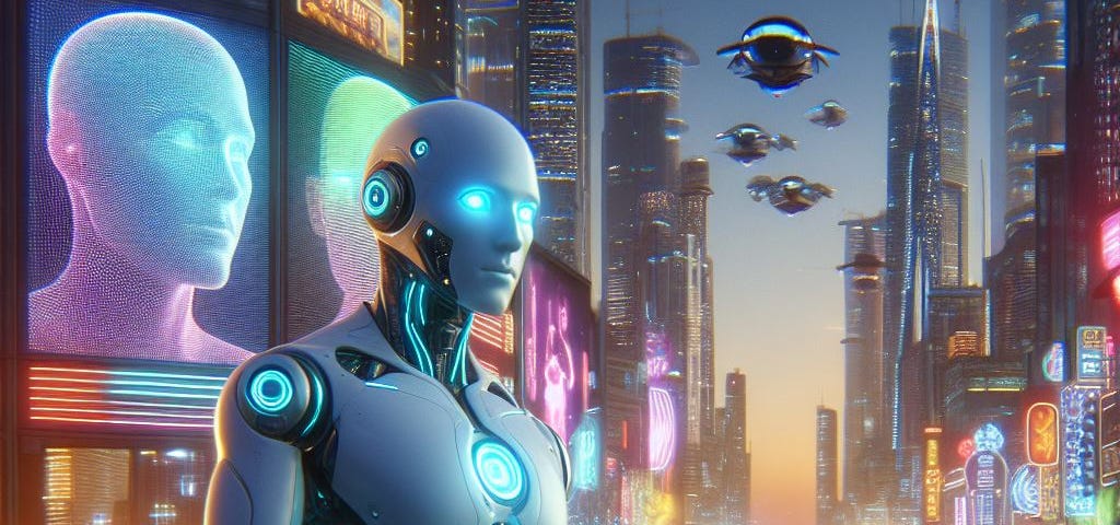 A robot stands in front of a futuristic city