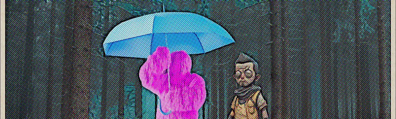 Action hero spies on reader opening umbrella