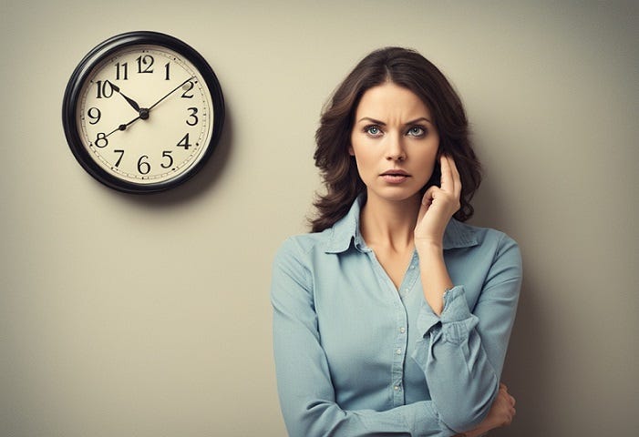 Picture of confused woman with clock on the wall.