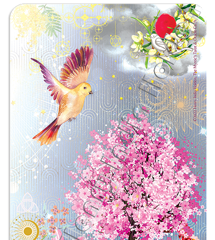 Tarot Card “№3 — Divine Mystery” from the Mystic’s Tarot & Oracle Cards deck by Henry India Holden. An Edenic scene: A flowering cherry tree surrounded by many flowers. A bird emerges from the light into the garden. Under the tree sits a person, strumming their guitar.