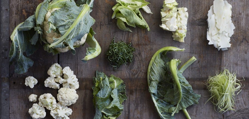 A head of cauliflower next to small piles of cauliflower stems, florets, leaves, stalks, and ribs, respectively.