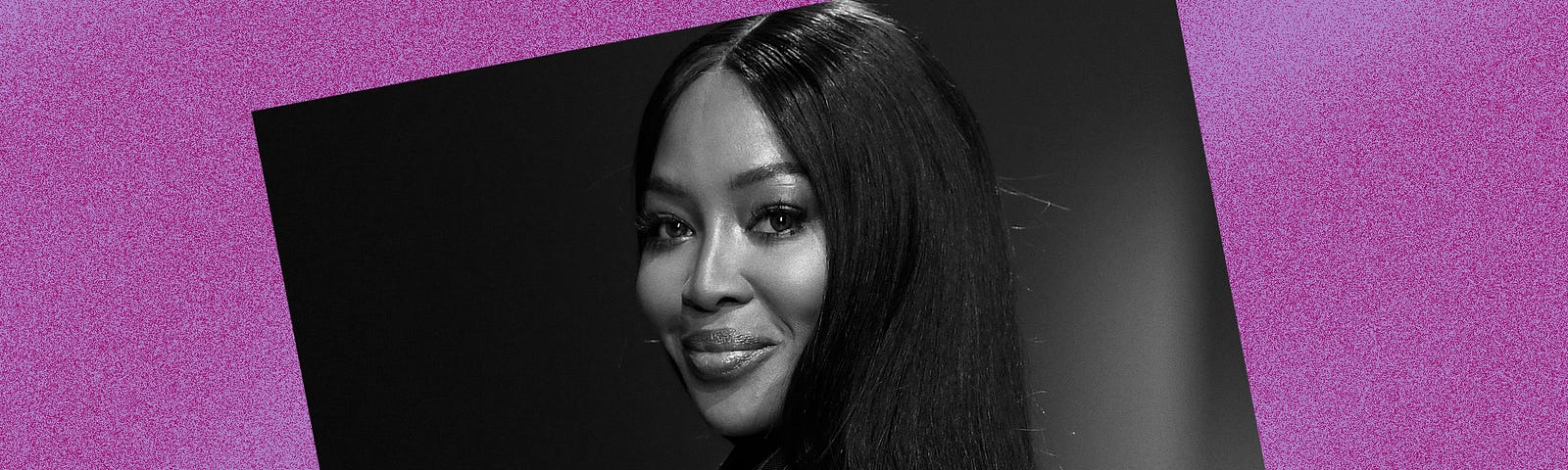 Black and white photo of Naomi Campbell against a violet background.