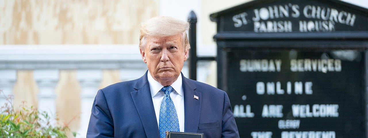 Trump posing with upside down bible in front of church