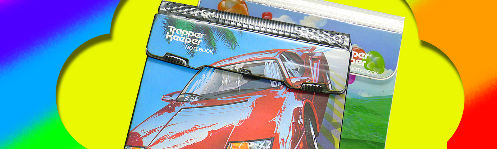 A photo illustration of 2 vintage Trapper Keeper binders with a car image, placed within a thought bubble.