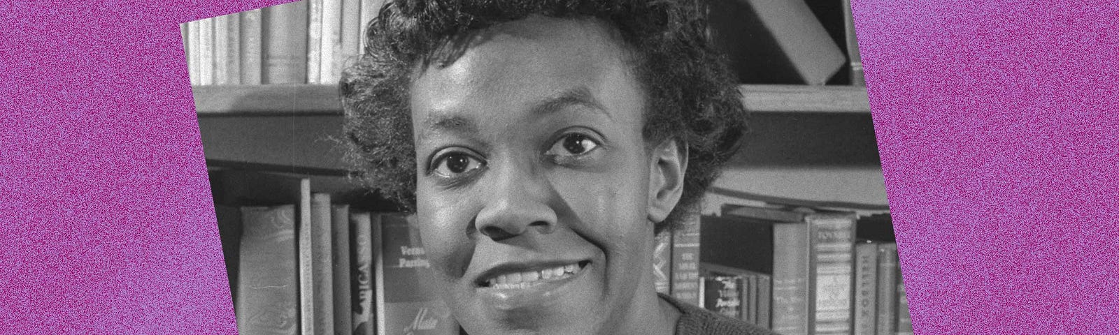 Black and white photo of Gwendolyn Brooks against a violet background.