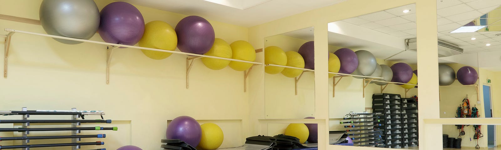 A photo of fitness balls on a rack at the gym.