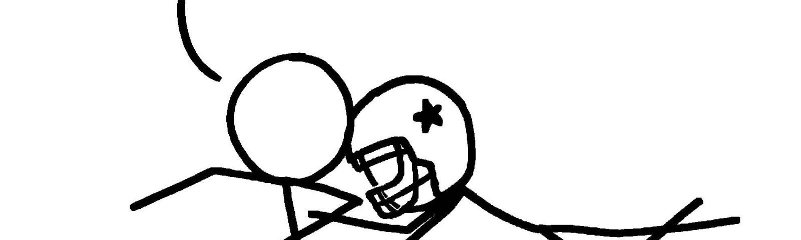 A stick figure wearing a football helmet, tackling another stick figure, yelling “FRIEND!!”