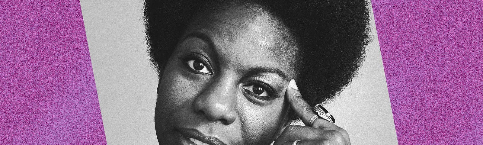 Black and white photo of Nina Simone against violet background.