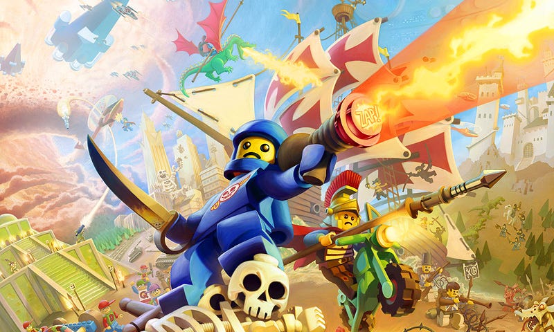 An illustrated not-Lego war. A blue spaceman with a pirate sword and a raygun fires off screen. He stands atop toy skeletons. A roman solider with a spear riding a motorcycle is next to him. In the background Napoleonic solders fight off parody gungans, a dragon attacks a pirate ship, a pirate duels a ninja, a fleet of spaceships hover overhead, medieval dudes charge from a castle, and other mayhem ensues.