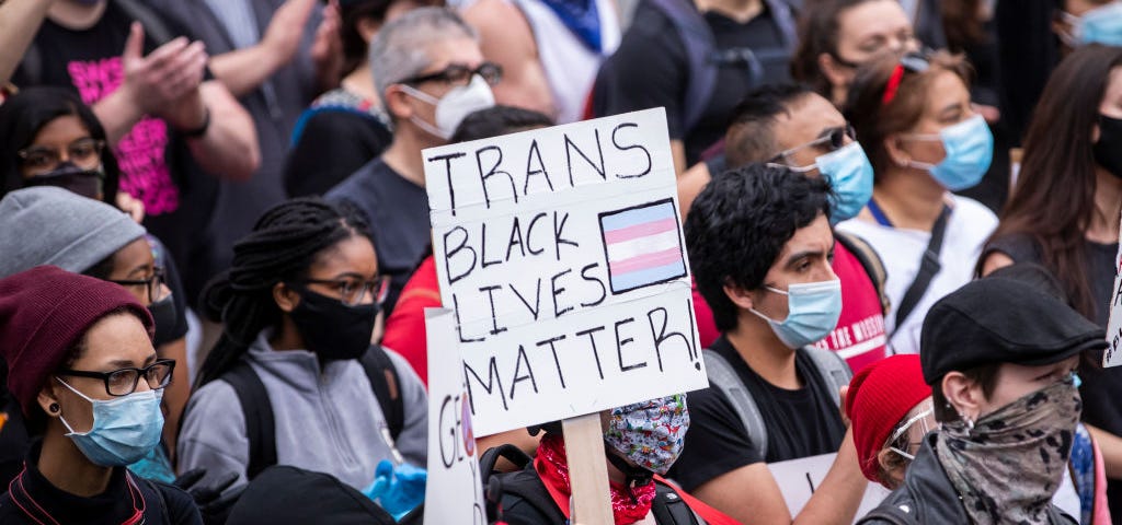 A protestor in a crowd holds up a sign that says “TRANS BLACK LIVES MATTER.”