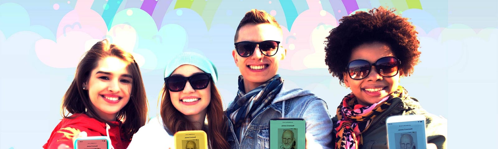 4 people holding out cellphones in front of an illustrated pastel rainbow.