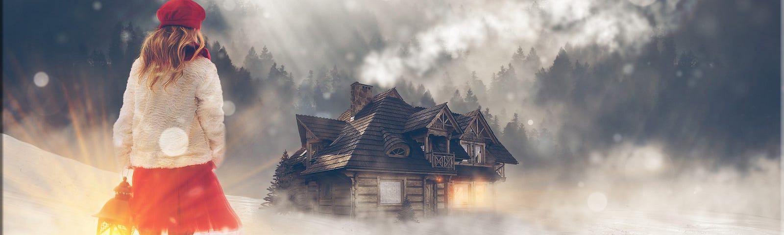 A little girls stands in the cold at night, looking at a lighted farmhouse