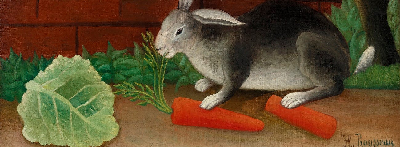 A painting of a gray bunny rabbit next to a red brick wall, chewing on carrot leaves with a piece of lettuce nearby.