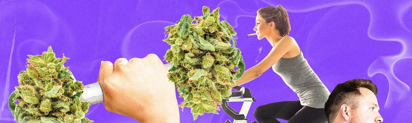 A graphic featuring people working out and an arm holding a dumbbell made out of weed leaves.