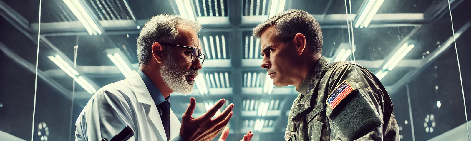 A futuristic Earth general talking to a scientist in a lab.