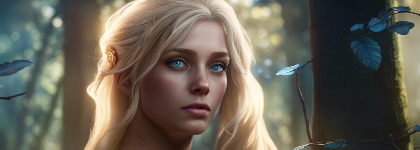 A gorgeous blond woman with blue eyes in the forest. She looks a bit like Daenerys Targaryen from Game of Thrones…