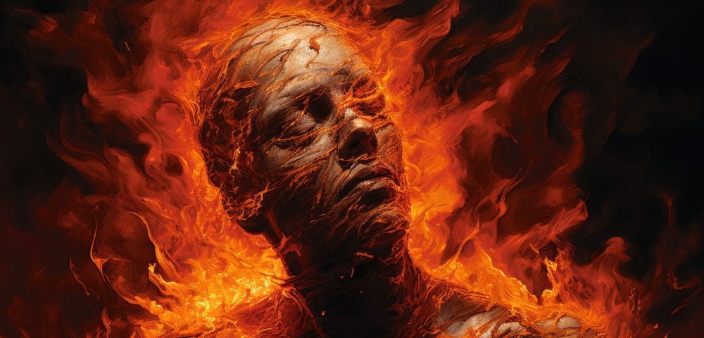 A close-up of a man on fire with his eyes closed, looking serene.