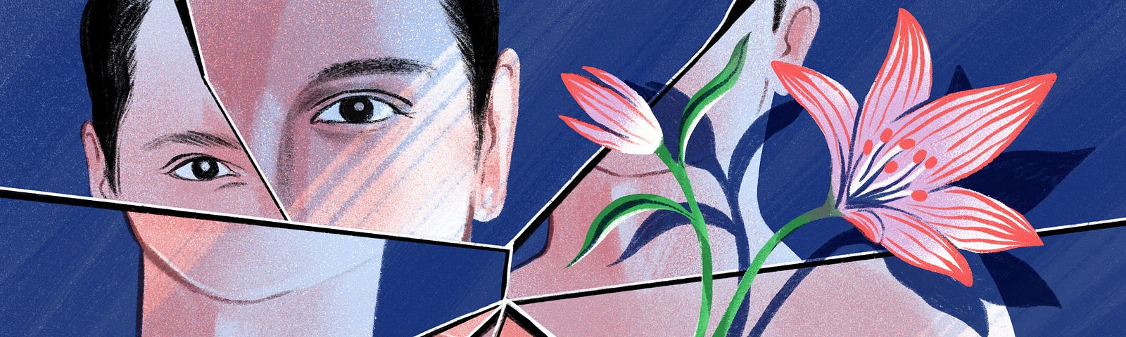 An illustration of a man looking at his reflection in glass that has been shattered by a lily.