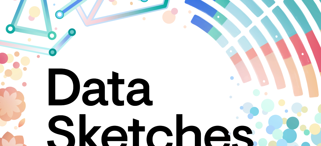 Colorful cover art of flowers, dots, bars, helixes, and crystals for the Data Sketches book.