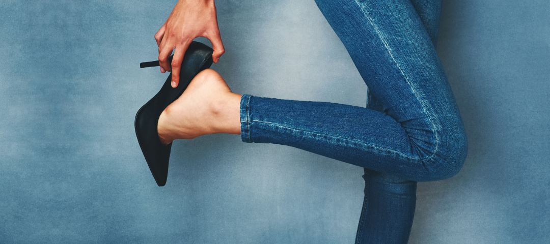Girl’s legs wearing tight jeans and black high heels implying she wore the “Good jeans.”