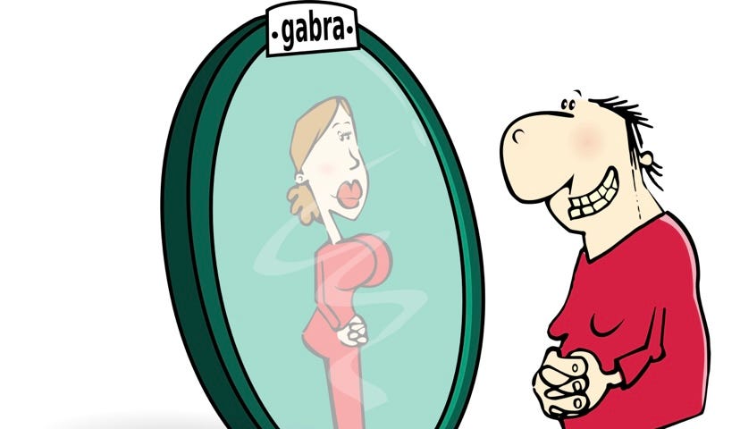 A cartoon drawing of an elderly woman looking in the mirror and seeing a voluptuous, beautiful young woman reflected back.