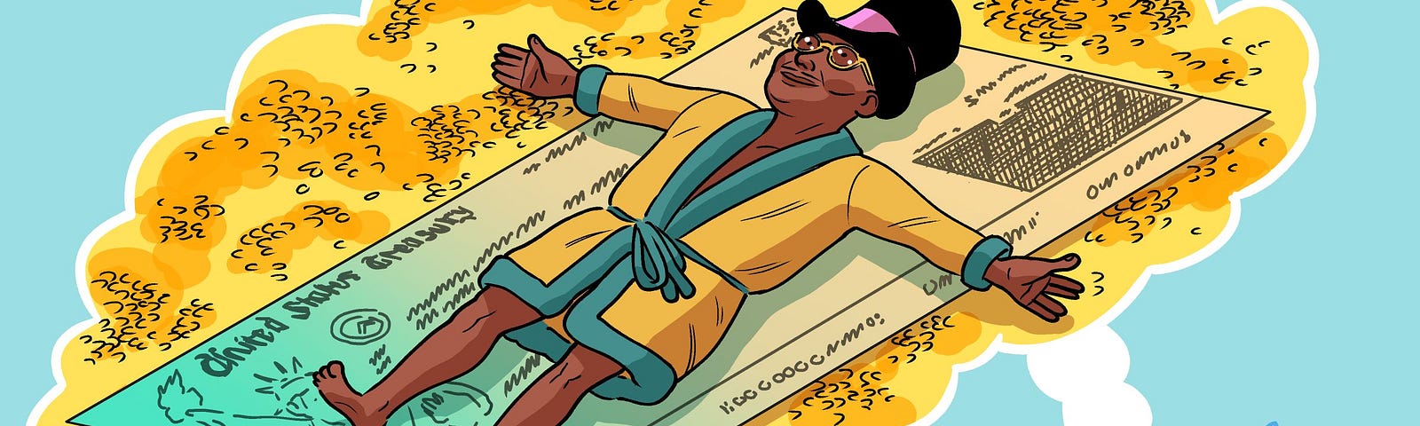 Illustration of a man working at a computer daydreaming of being a rich man lying on a big check.